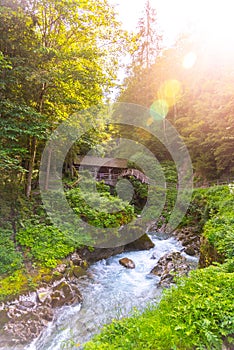 Entrance Bridge to Sigmund Thun Gorge. Cascade valley of wild Kapruner Ache near Kaprun, Austria