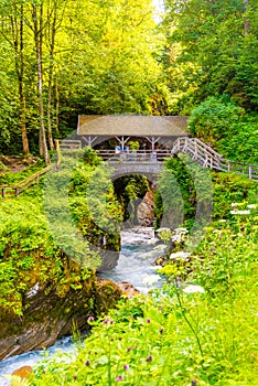 Entrance Bridge to Sigmund Thun Gorge. Cascade valley of wild Kapruner Ache near Kaprun, Austria