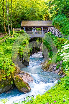 Entrance Bridge to Sigmund Thun Gorge. Cascade valley of wild Kapruner Ache near Kaprun, Austria