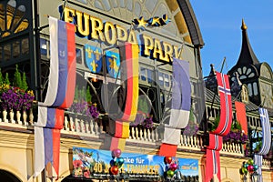 Flags at entrance building Europa Park in Germany