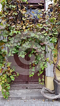 Entrance details of ruined building in European city Odesa Ukraine