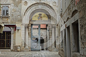 Entrance door of ancient Euphrasian Basilica in Porec