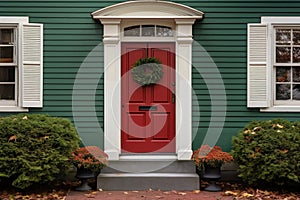 entrance door detail of a colonial revival house with a gambrel roof