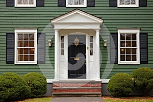 entrance door detail of a colonial revival house with a gambrel roof