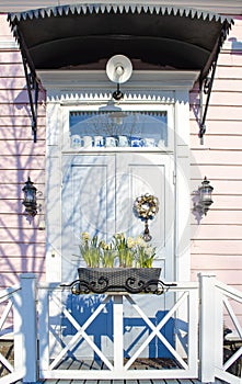 Entrance door. Easter wreath.