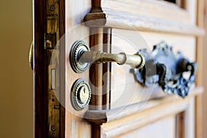 Entrance door handle with keyhole. Close up view