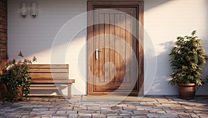 Entrance door manufacturing concept. Custom door production. Wood entryway in modern style. Luxury grand entrance for mansion.