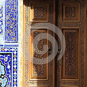 Entrance door of a mausoleum of the Shakhi Zinda necropolis in Samarkand, Uzbekistan