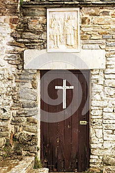 The entrance door of Orthodox monastery Saints Asomatos in Penteli, a mountain to the north of Athens in Greece
