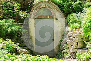 Entrance door to an old basement, park landscape