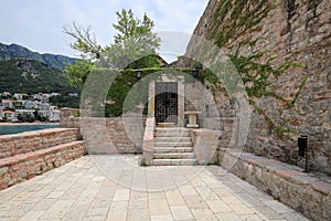 Entrance doors to a luxury resort hotel in Sveti Stefan