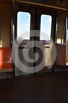 Entrance and Exit Door, Riding on the New York Subway Train