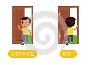 Entrance and exit word card, Opposites concept. Flashcard for English language learning.