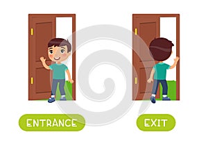 Entrance and exit word card vector template. Opposites concept.