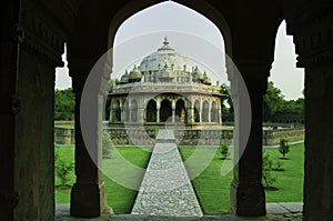 Entrance frame angle shot of a tomb in Lodhi garden in New Delhi