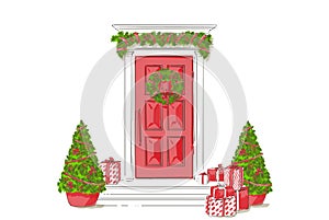 Entrance Front Door. House exterior. Classic home. Hand drawn vector line sketch illustration.