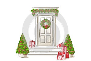 Entrance Front Door. House exterior. Classic home. Hand drawn vector line sketch illustration.