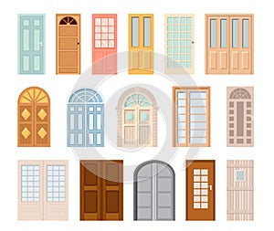 Entrance Front Doors Isolated Vector Icons. Cartoon Interior and Exterior Design Elements for Room or Office Decoration