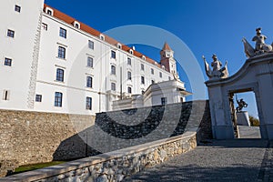 Entrance gate of beautiful white historical building of Bratislava Castle