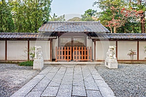 The entrance gate with lion sculptures of the Kotoku-in Temple