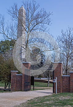 Entrance gate and Tencentennial monument at historic Jamestowne, VA, USA