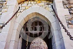 Entrance Gate to Castel Gate Castello di Amorosa Napa Valley Winery Vertical photo