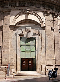 Entrance gate to the Temple of San Sebastiano late Renaissance Mannerist style church in central Milan.