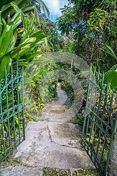 Entrance gate to tropical garden and park Welchman Hall Gully,, Barbedos.