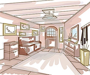 Entrance hallway interior with storage furniture, pictures and bench in watercolor style.