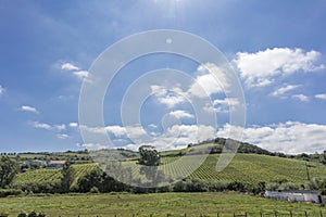 Entrance of homestead with stairs, wall and mountainous field in