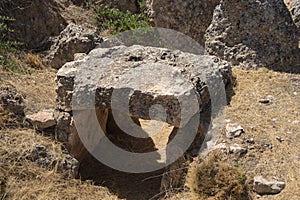 Entrance and interior of megalithic dolmen, Gorafe, Granada, Spain