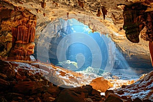 Entrance of karst cave inside mountain, dark cavern with beams of light from hole. Theme of travel, wild nature, landscape,