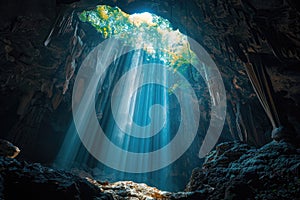 Entrance of karst cave inside mountain, dark cavern with blue rays of light from hole in jungle. Theme of travel, wild nature,