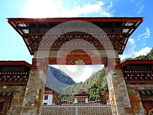 Entrance of Lhakhang Karpo White temple in Haa valley located in Paro, Bhutan