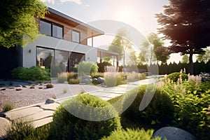 Entrance of a luxury house with a patio and beautiful landscaping on a bright, sunny day. Generative AI