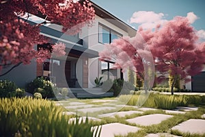 Entrance of a luxury house with a patio and beautiful landscaping on a bright, sunny day. Generative AI