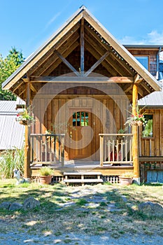 Entrance of a luxury rustic log cabin