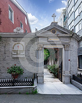Entrance of Meryem Ana Ortodoks Kilisesi, or Mary Mother of God Greek Orthodox Church in Karakoy, Istanbul, Turkey
