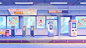 The entrance of a metro station with a turnstile, ticket machine, and map of the subway line. A modern cartoon of an