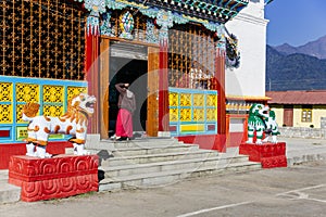 Entrance with monk of Tibetan Buddhism Temple in Sikkim, India