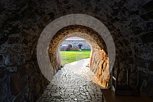 Entrance of old Korela fortress at evening