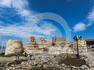 Entrance in the old town of Nessebar in Bulgaria with old ruins