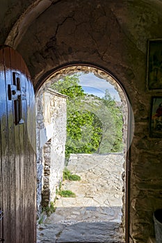 Entrance of Orthodox monastery Saints Asomatos in Penteli, a mountain to the north of Athens, Greece