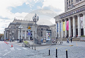 The entrance of the Palace of Culture and Science Palac Kultury i Nauki or PKiN in Warsaw, Poland.