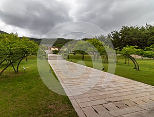 Entrance panorama of inside Tongiljeon Complex, with buildings in a beautiful vegetation. Heritage of former Capital Gyeongju,