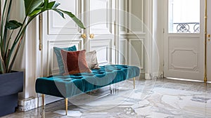 The entrance of a Parisian townhouse exudes glamour with a velvet bench in a bold jewel tone such as emerald green or