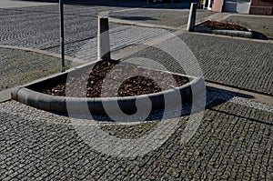 entrance pedestrianized residential area is demarcated by fence