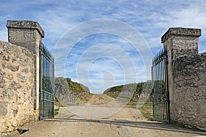 Entrance with pillars and gate to a Saint-Emilion vineyard