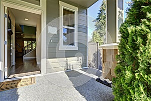 Entrance porch with opened door on a sunny day