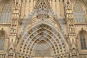 Entrance portal of Gothic Barcelona Cathedral